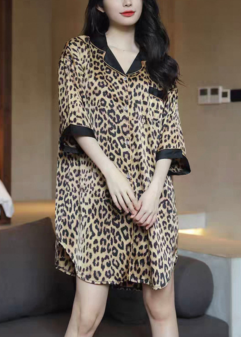 Novelty Leopard Peter Pan Collar Button Pajamas Shirts Dress Half Sleeve YK011