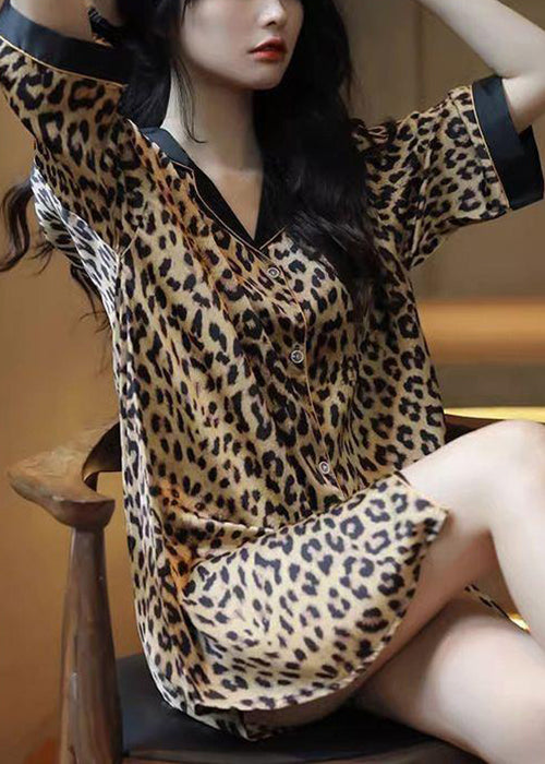 Novelty Leopard Peter Pan Collar Button Pajamas Shirts Dress Half Sleeve YK011