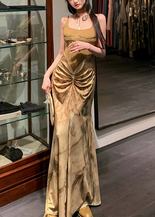 Neuartiges olivgrünes, faltiges Patchwork-Spaghettiträgerkleid aus Baumwolle, ärmellos KK063