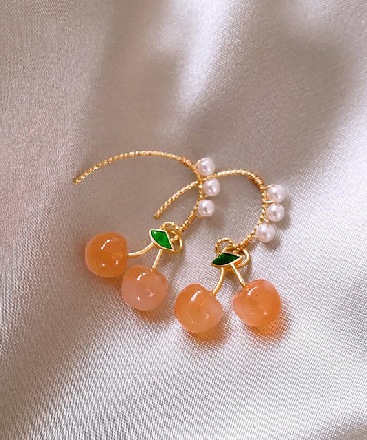 Novelty Orange Copper Alloy Cherry Pearl Hoop Earrings WH040