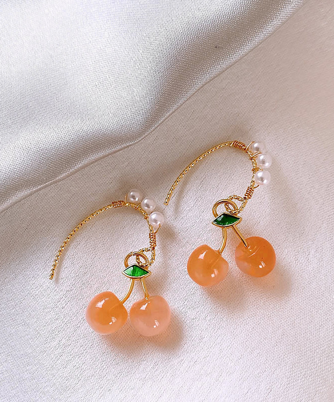 Novelty Orange Copper Alloy Cherry Pearl Hoop Earrings WH040