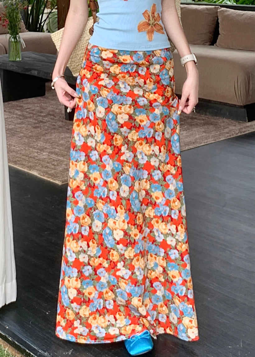 High Novelty Summer Print Skirts Orange Cotton Waist