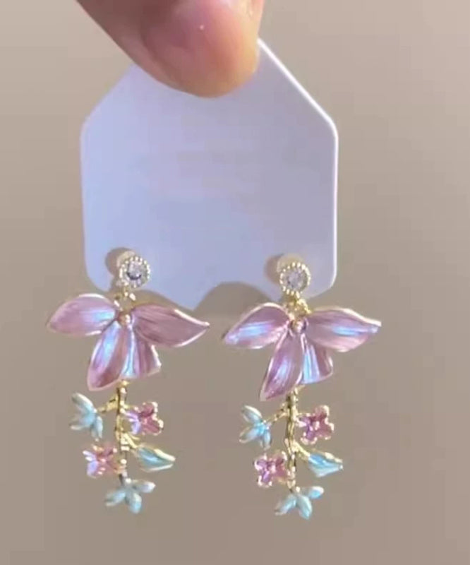 Novelty Pink Copper Zircon Enamel Tassel Earrings Floral Drop