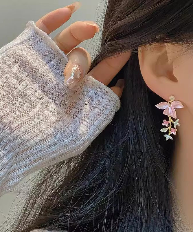 Novelty Pink Copper Zircon Enamel Tassel Earrings Floral Drop