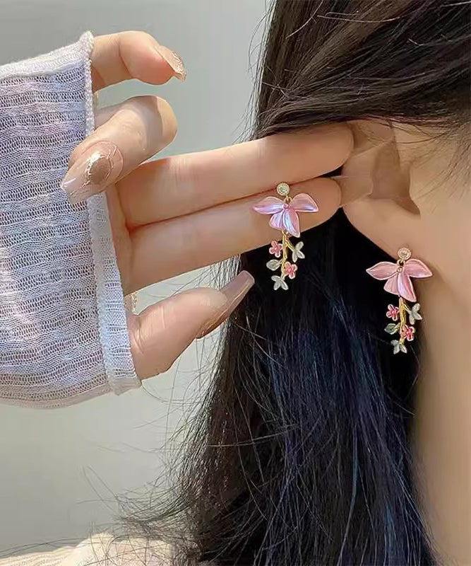 Novelty Pink Copper Zircon Enamel Tassel Earrings Floral Drop