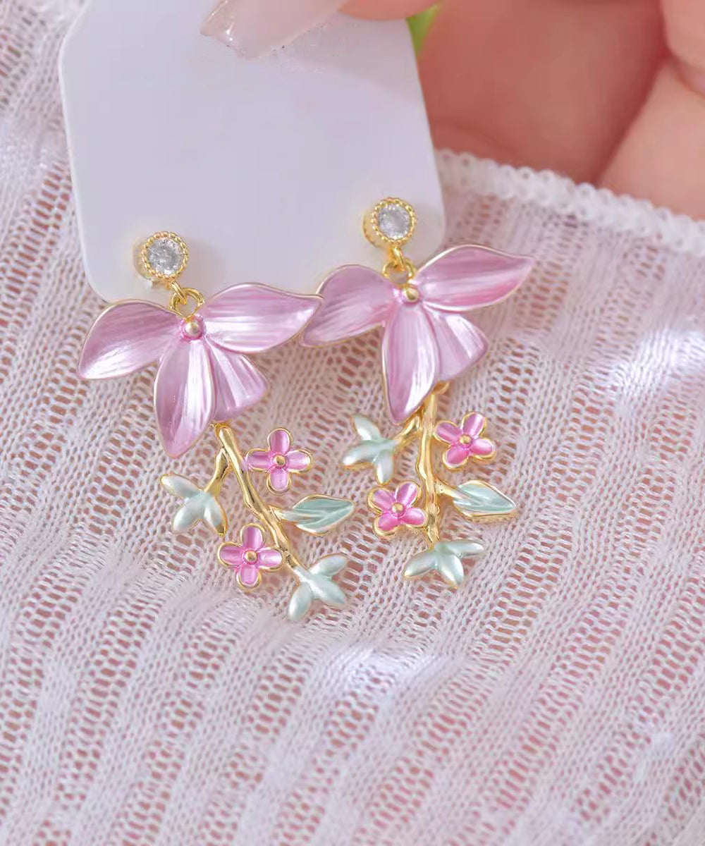 Novelty Pink Copper Zircon Enamel Tassel Earrings Floral Drop