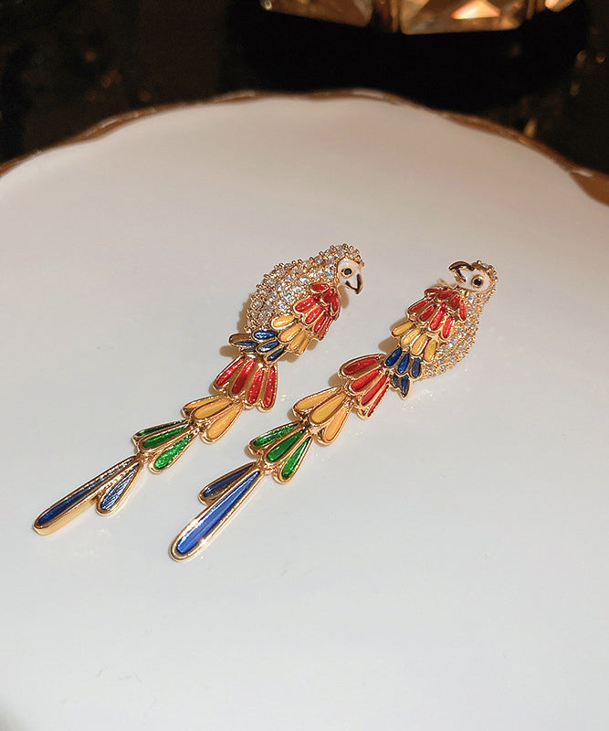 Boucles d'oreilles pendantes fantaisie en forme de perroquet avec zircons surdorés en cuivre arc-en-ciel QQ045