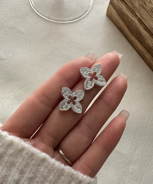 Leaf Four Clover Silver Out Hollow Stud Sterling Novelty Silk