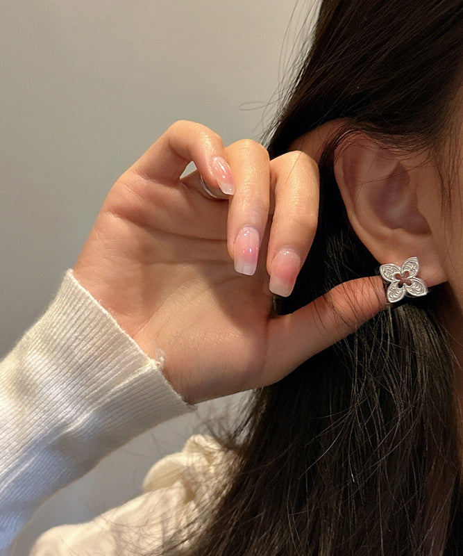 Leaf Four Clover Silver Out Hollow Stud Sterling Novelty Silk