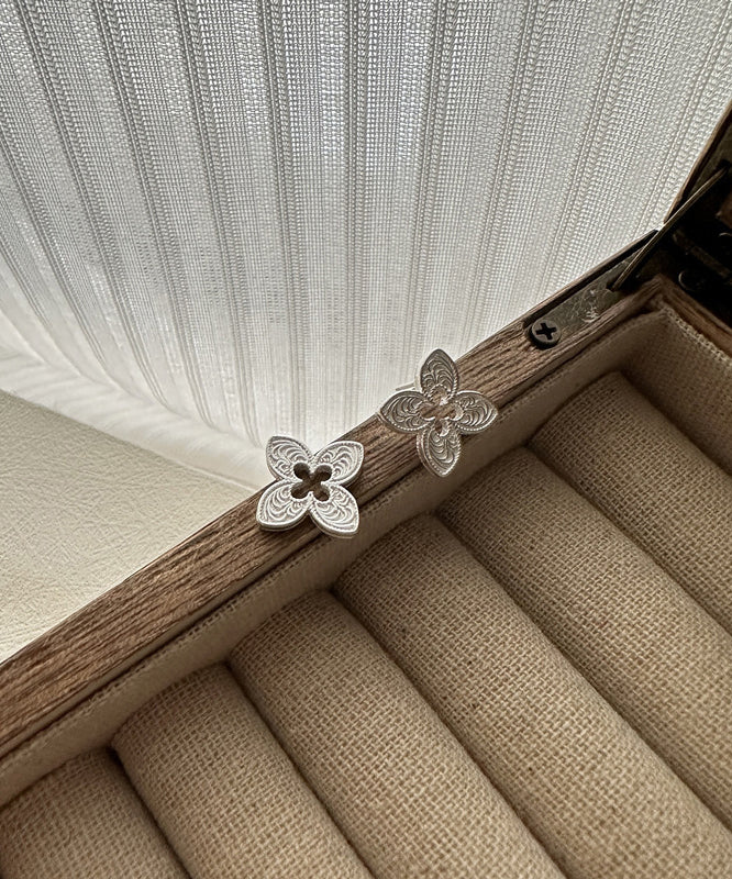 Leaf Four Clover Silver Out Hollow Stud Sterling Novelty Silk