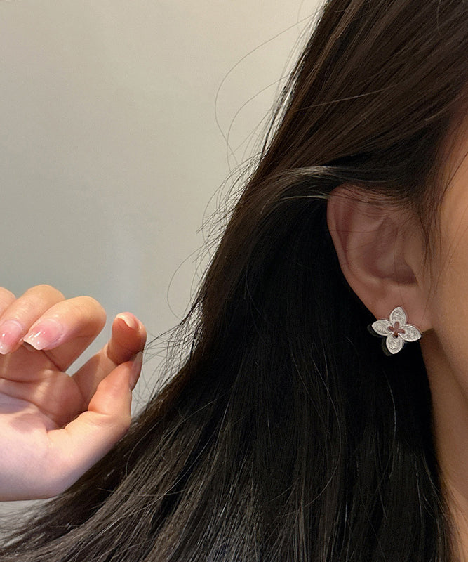 Leaf Four Clover Silver Out Hollow Stud Sterling Novelty Silk