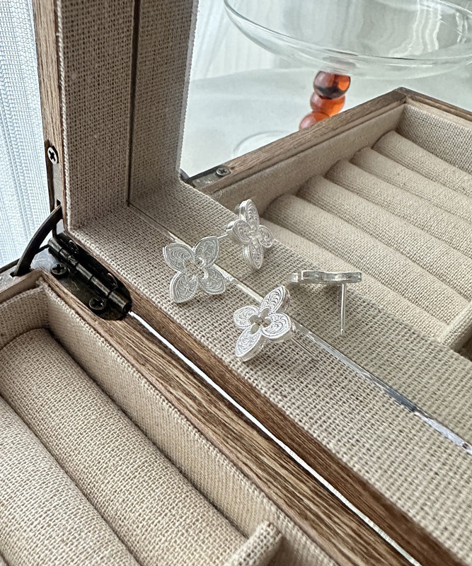 Leaf Four Clover Silver Out Hollow Stud Sterling Novelty Silk