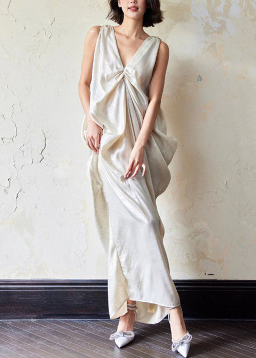 Neck Maxi Dress Pockets Wrinkled Cotton Novelty V Sleeveless