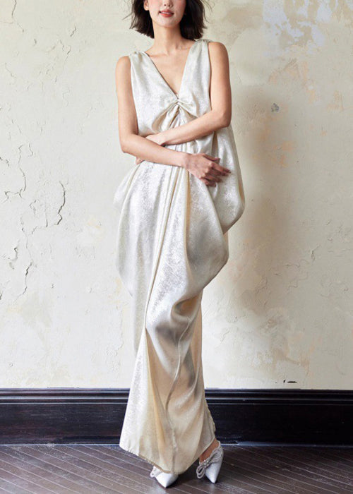 Neck Maxi Dress Pockets Wrinkled Cotton Novelty V Sleeveless