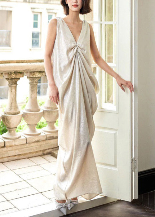 Neck Maxi Dress Pockets Wrinkled Cotton Novelty V Sleeveless