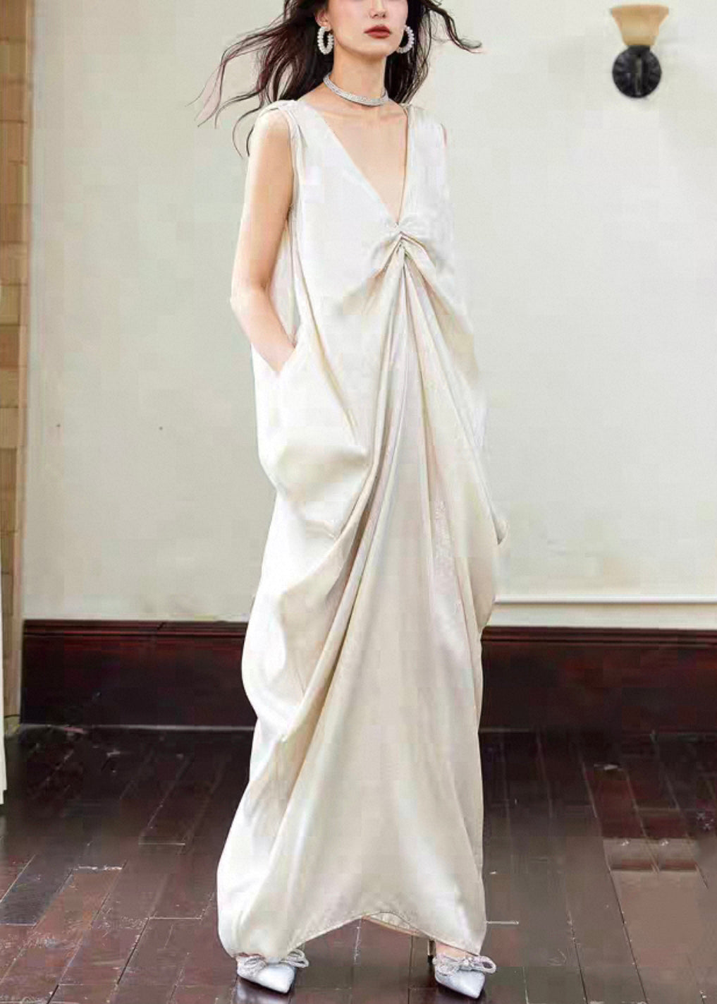 Neck Maxi Dress Pockets Wrinkled Cotton Novelty V Sleeveless