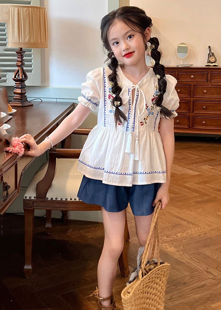 Novelty White Embroideried Patchwork Lace Tie Kids Shirt And Shorts Two Pieces Set Summer SS1031