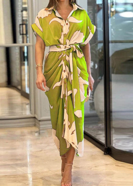 Dress Print Cotton Summer Yellow Shirts Waist Novelty Tie