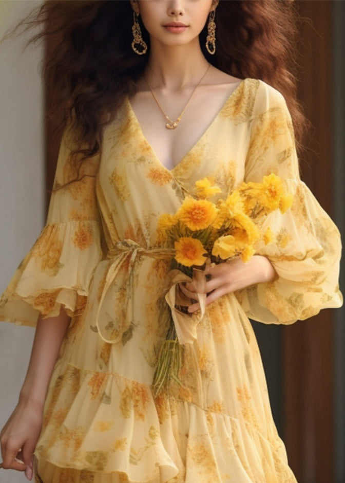 Novelty Yellow Ruffled Print Tie Waist Chiffon Dresses Summer KJ025