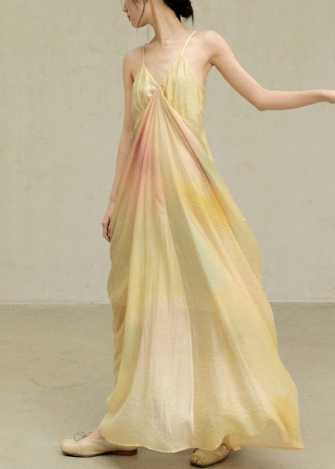 Spaghetti Wrinkled Tie Yellow Strap Cotton Dress Novelty Dye