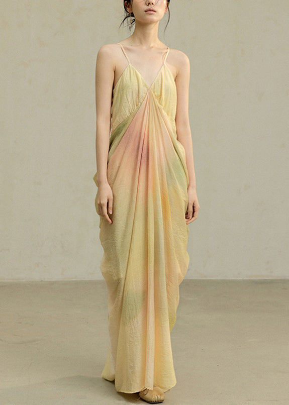 Spaghetti Wrinkled Tie Yellow Strap Cotton Dress Novelty Dye