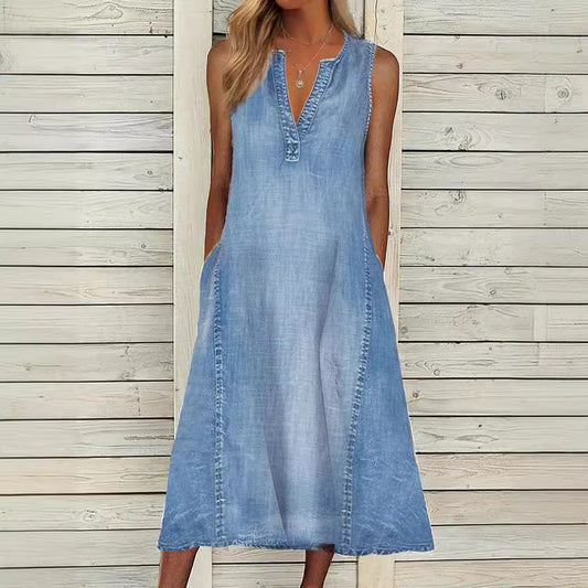 Plain V Neck Casual Denim Dress AH523