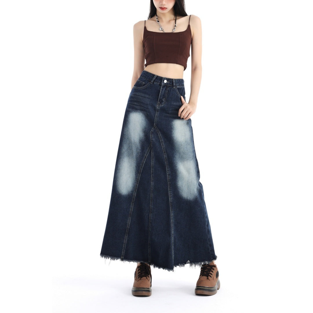 Elegant Gradient Color Patchwork Exra Large Hem Denim Skirt Spring JK1070