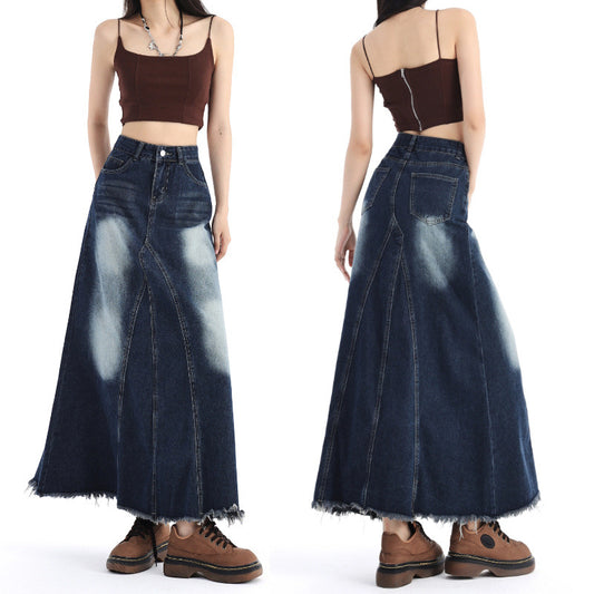 Elegant Gradient Color Patchwork Exra Large Hem Denim Skirt Spring JK1070