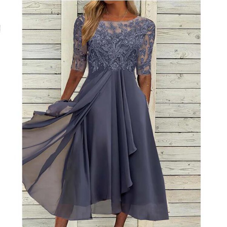 Round Neck Lace Swing Elegant Occasion Formal Midi Prom Dress AD550