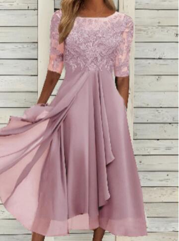 Round Neck Lace Swing Elegant Occasion Formal Midi Prom Dress AD550