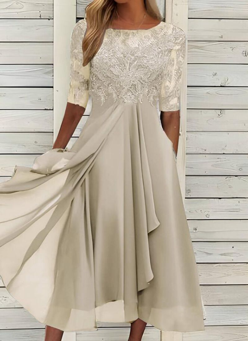 Round Neck Lace Swing Elegant Occasion Formal Midi Prom Dress AD550