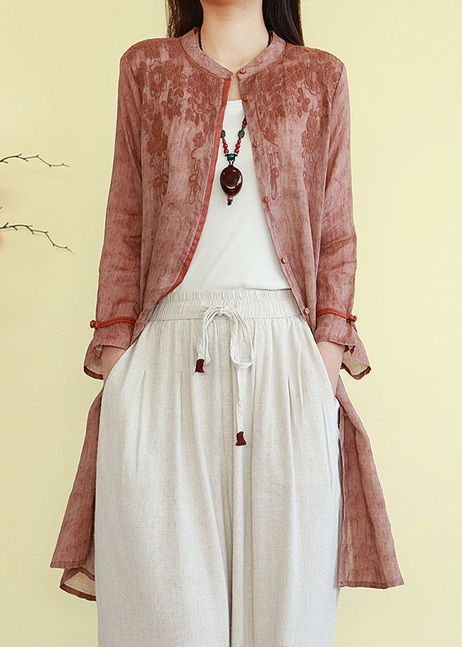 Linen O-Neck Shirts Loose Button Fall Orange