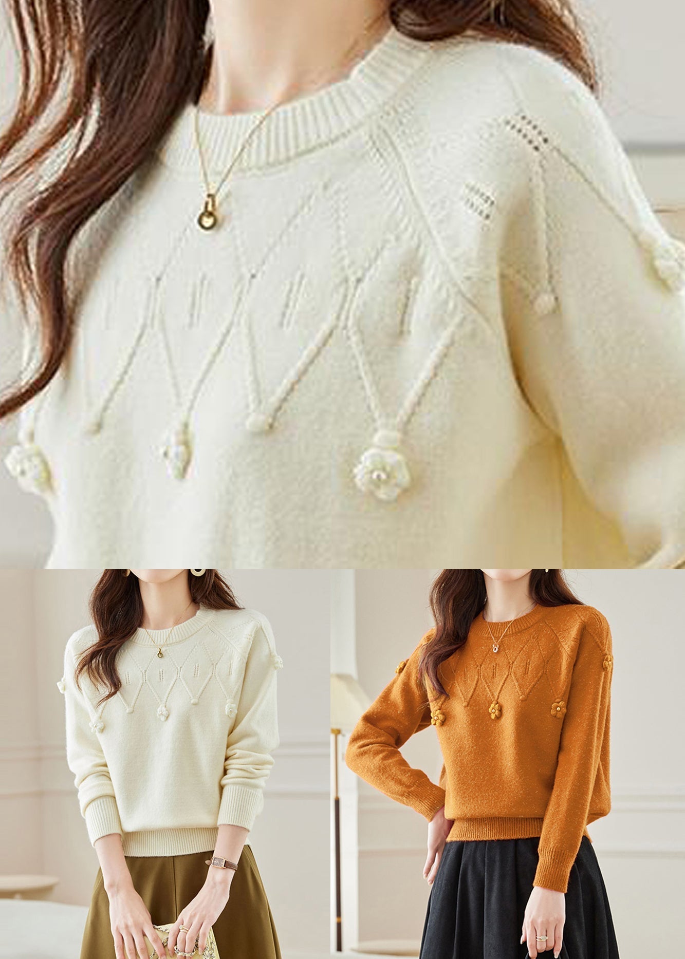 Orange Hollow Out Solid Knit Fall Sweaters O Neck QS012