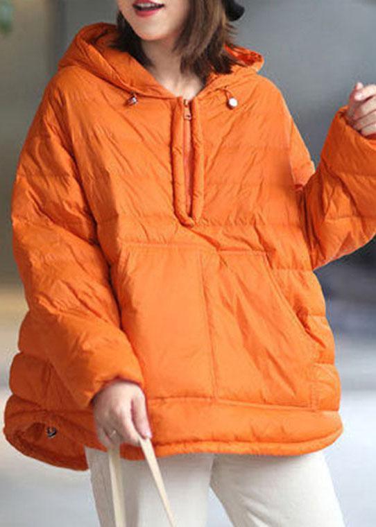 Orange Hooded Zippered Pockets Winter Duck Down Long Sleeve Down Jacket QS053