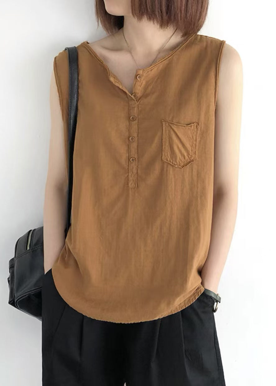 O-Neck Linen Sleeveless Tops Orange Pocket