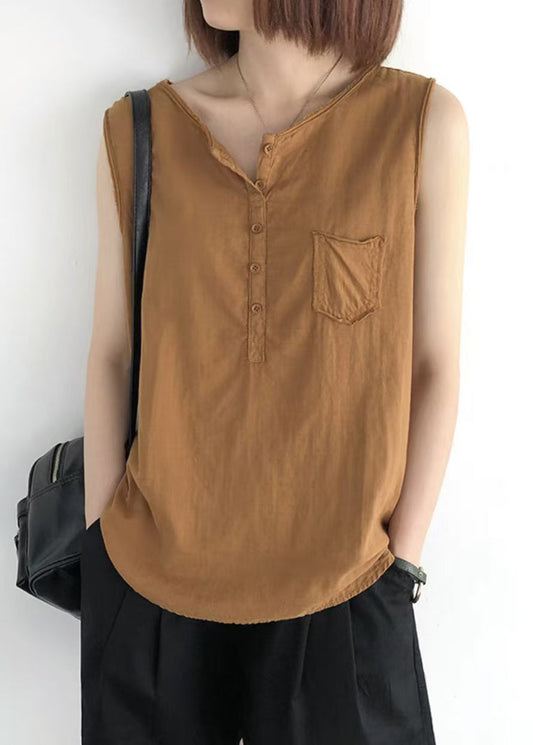 O-Neck Linen Sleeveless Tops Orange Pocket
