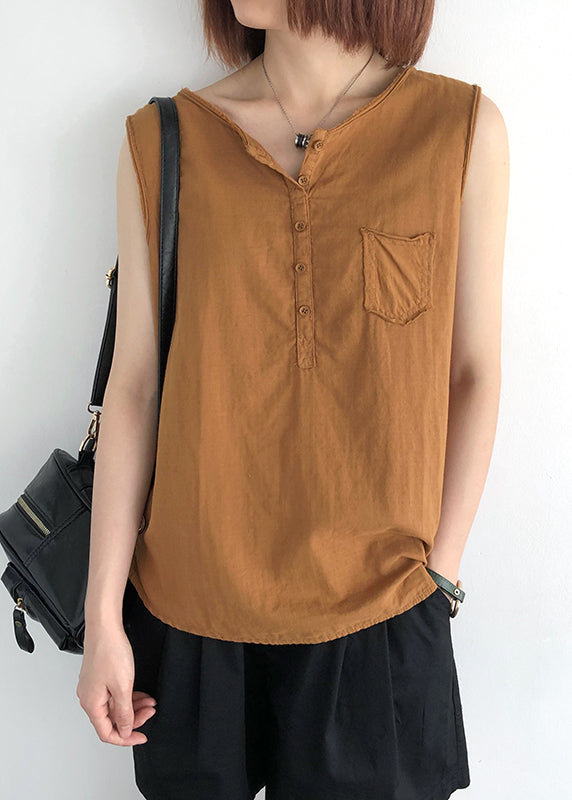 O-Neck Linen Sleeveless Tops Orange Pocket