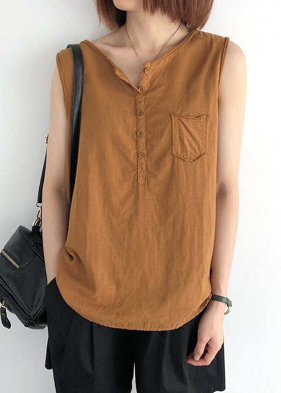 O-Neck Linen Sleeveless Tops Orange Pocket