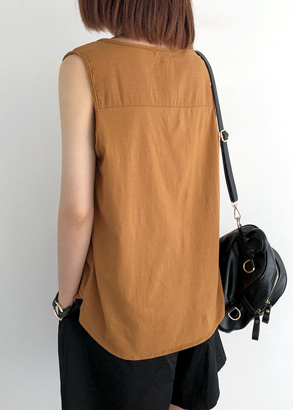 O-Neck Linen Sleeveless Tops Orange Pocket