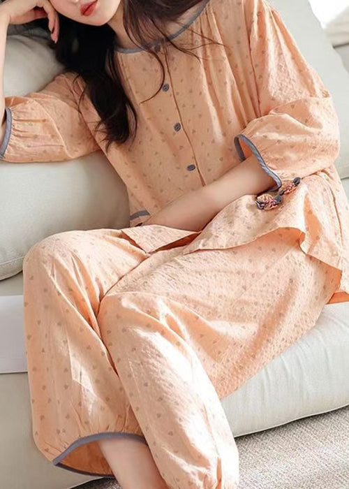 O Pieces Cotton Pajamas Orange Set Two Fall Patchwork Pockets