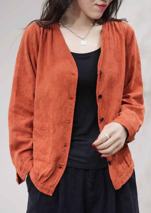 Orange Pockets Solid Cotton Coat Coats V Neck Fall FF029