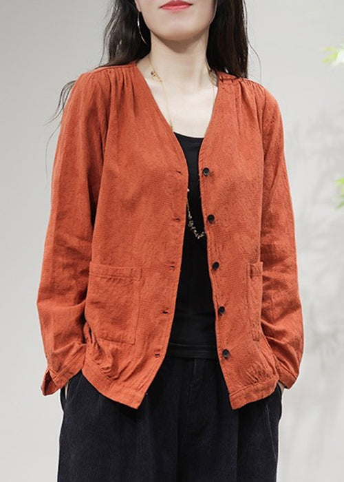 Manteau en coton uni avec poches orange et col en V pour l'automne FF029