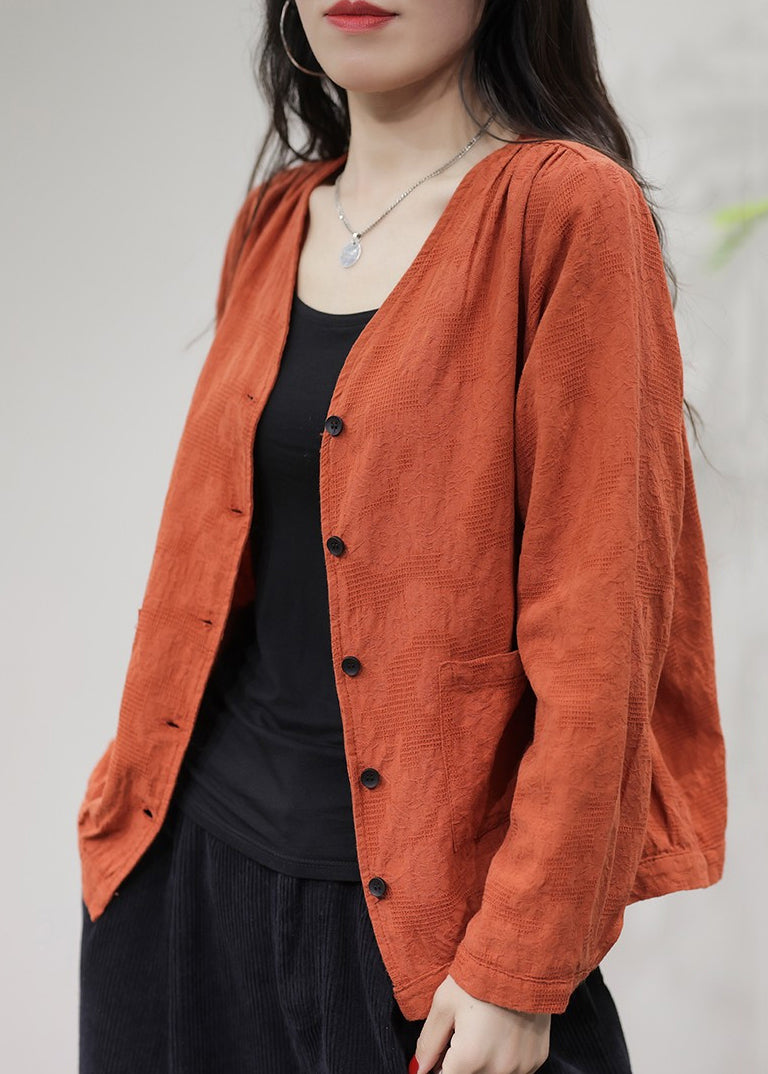 Manteau en coton uni avec poches orange et col en V pour l'automne FF029