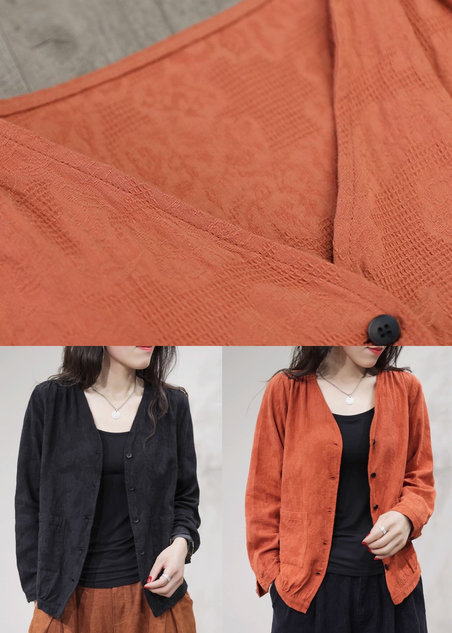 Manteau en coton uni avec poches orange et col en V pour l'automne FF029