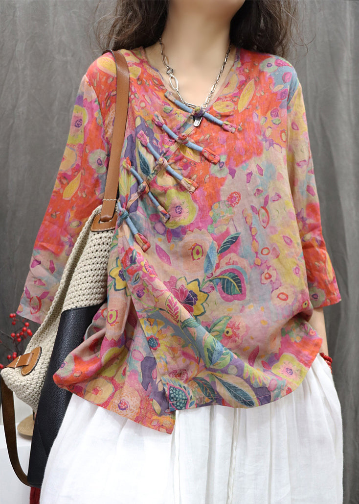 Print Orange Neck Sleeve Linen Blouse Bracelet Button V