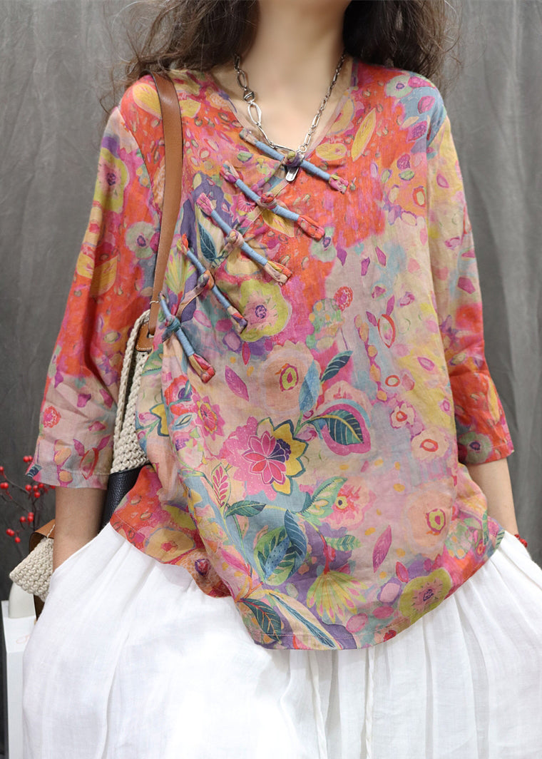 Print Orange Neck Sleeve Linen Blouse Bracelet Button V