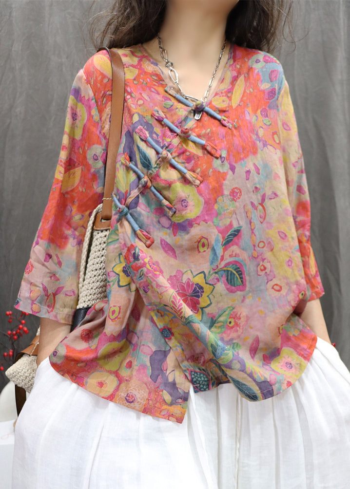 Print Orange Neck Sleeve Linen Blouse Bracelet Button V