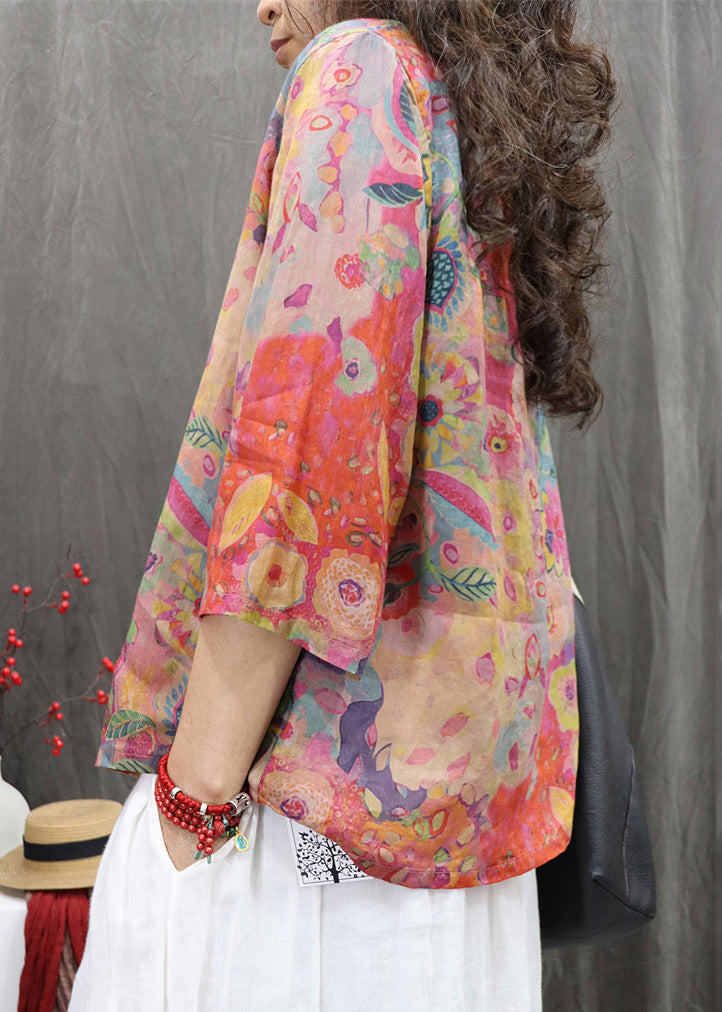 Print Orange Neck Sleeve Linen Blouse Bracelet Button V