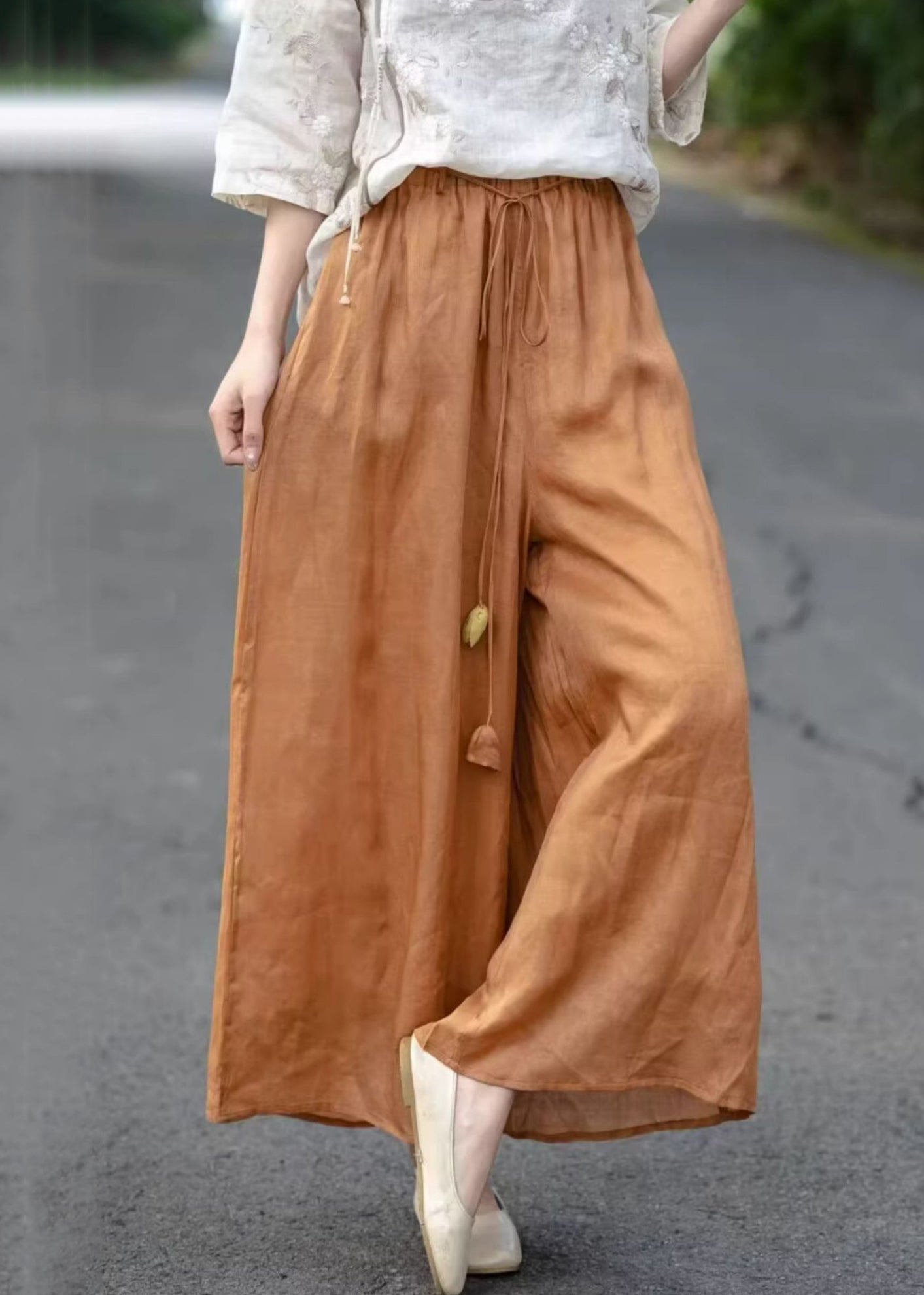 Orange Pockets Elastic Pants Waist Summer Cotton Crop Solid