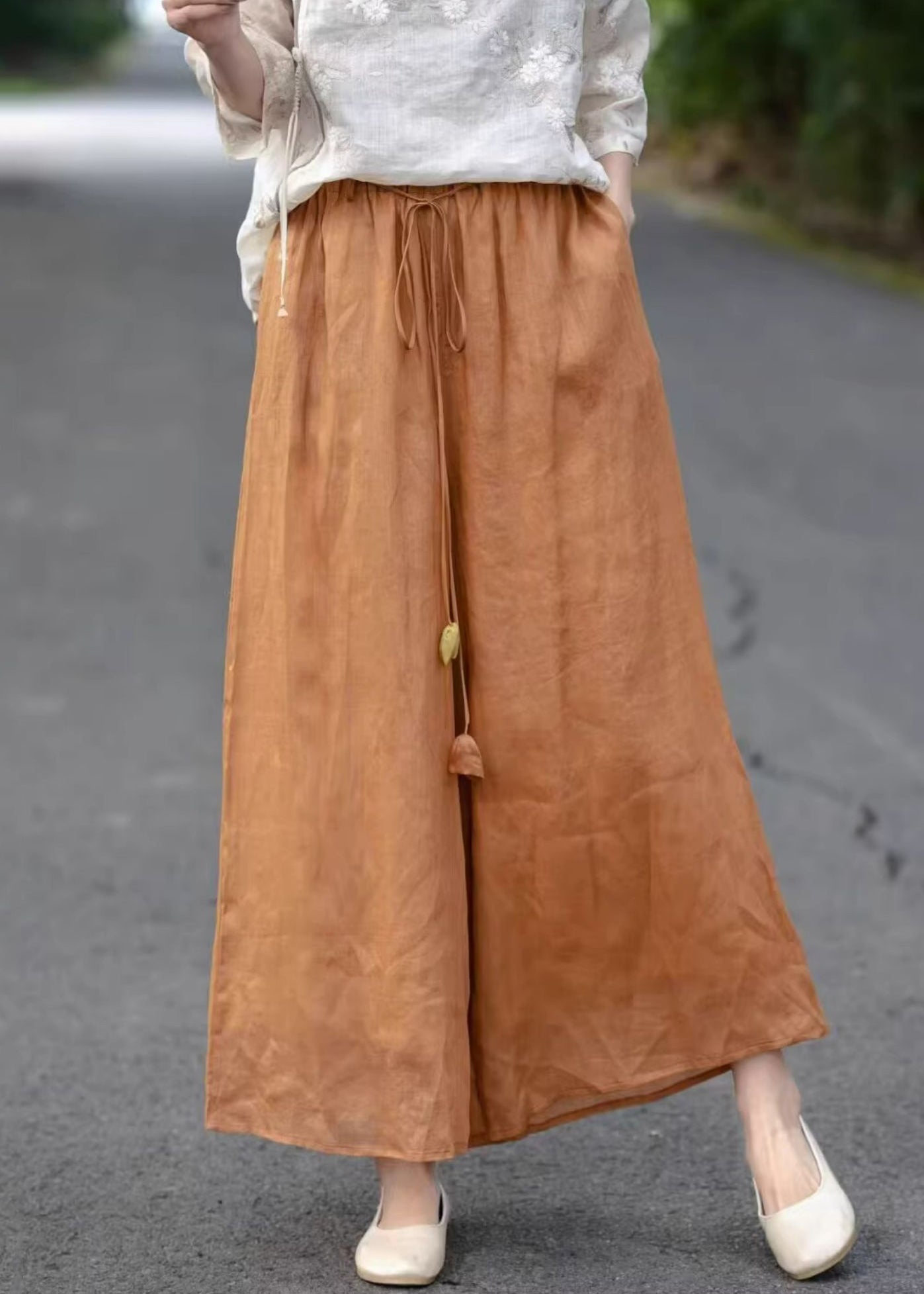 Pockets Elastic Pants Orange Cotton Crop Solid Waist Summer